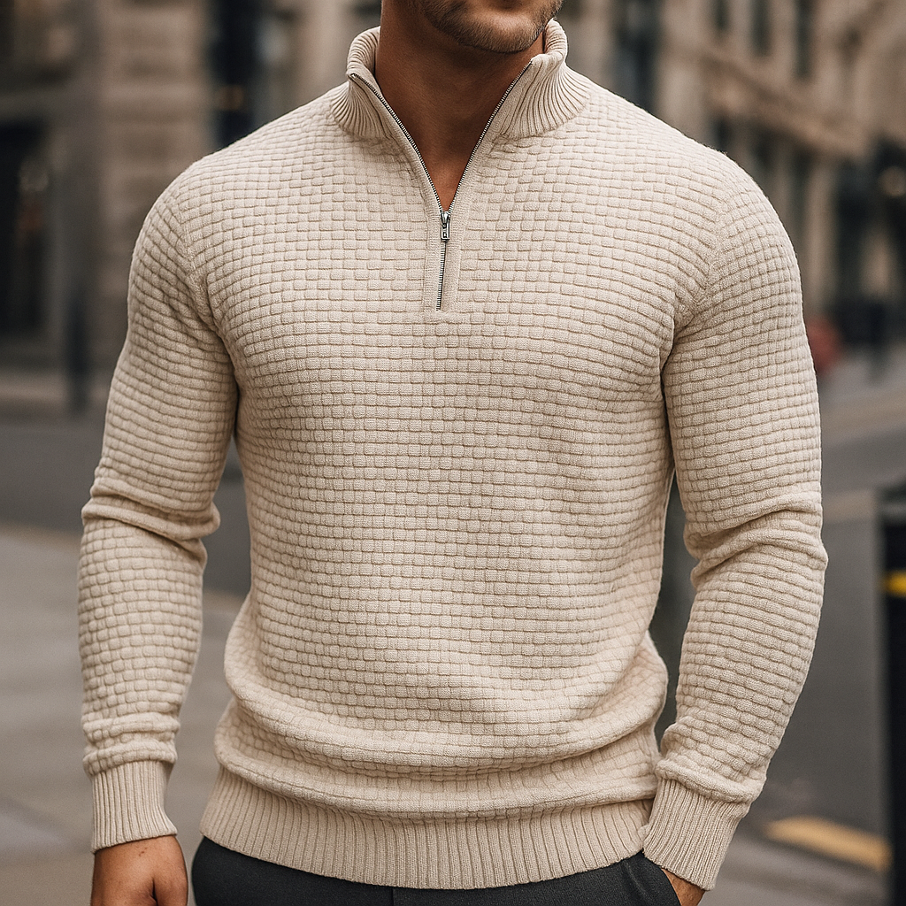 Merino Waffle Knit Quarter Zip Sweater