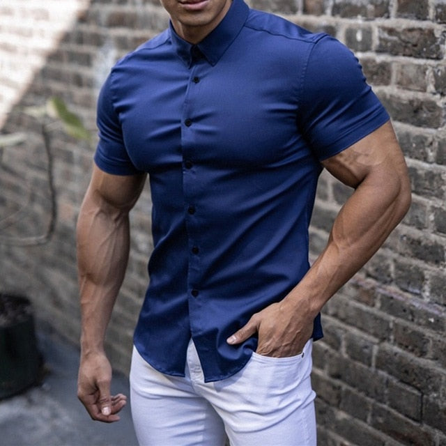 Men's Tailored Fit Short Sleeve Stretch Shirt - Wrinkle-Resistant Dress Blouse