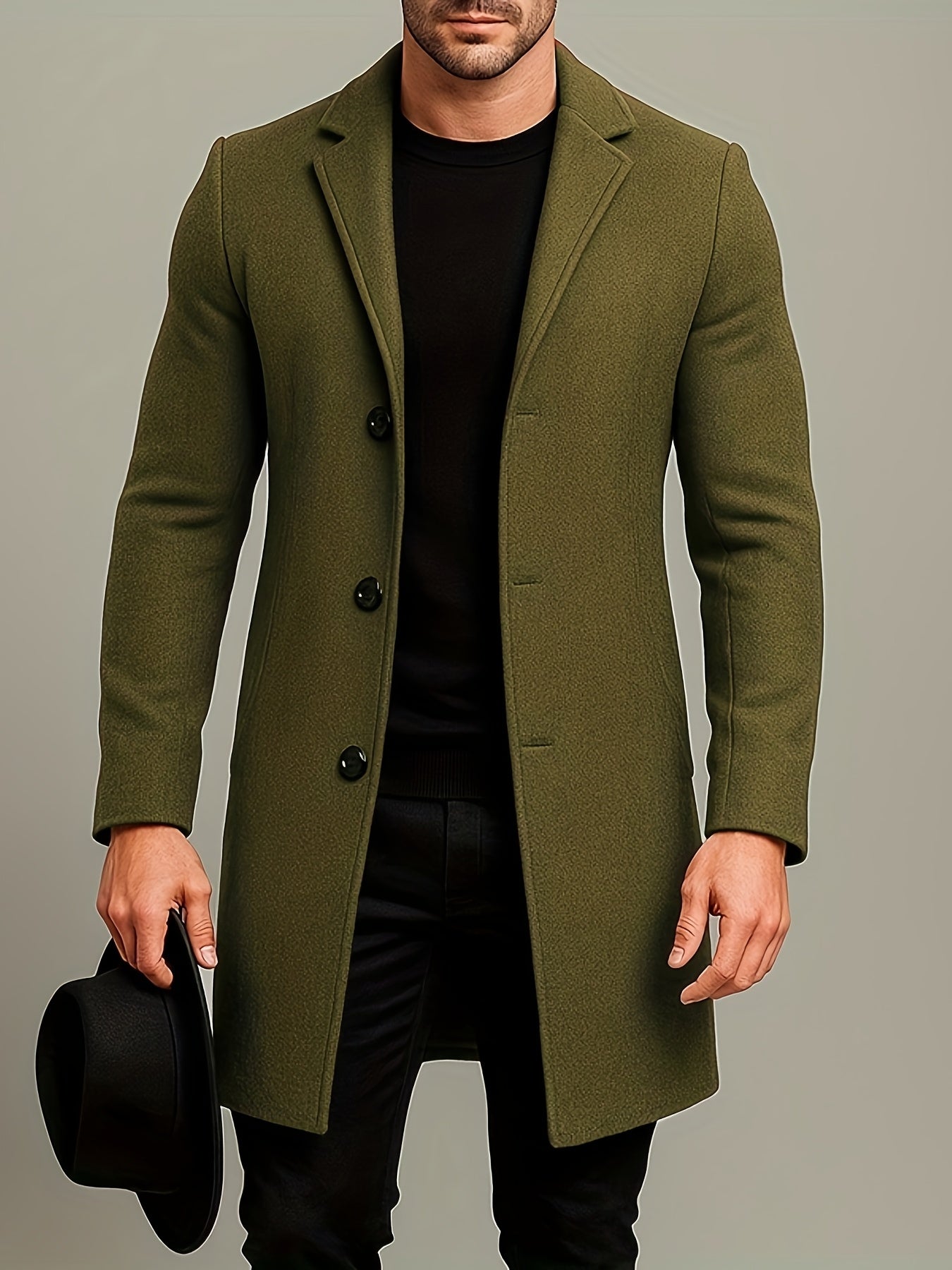 Men's Mid-Length Single-Breasted Tweed Overcoat Solid Color Trench Edition