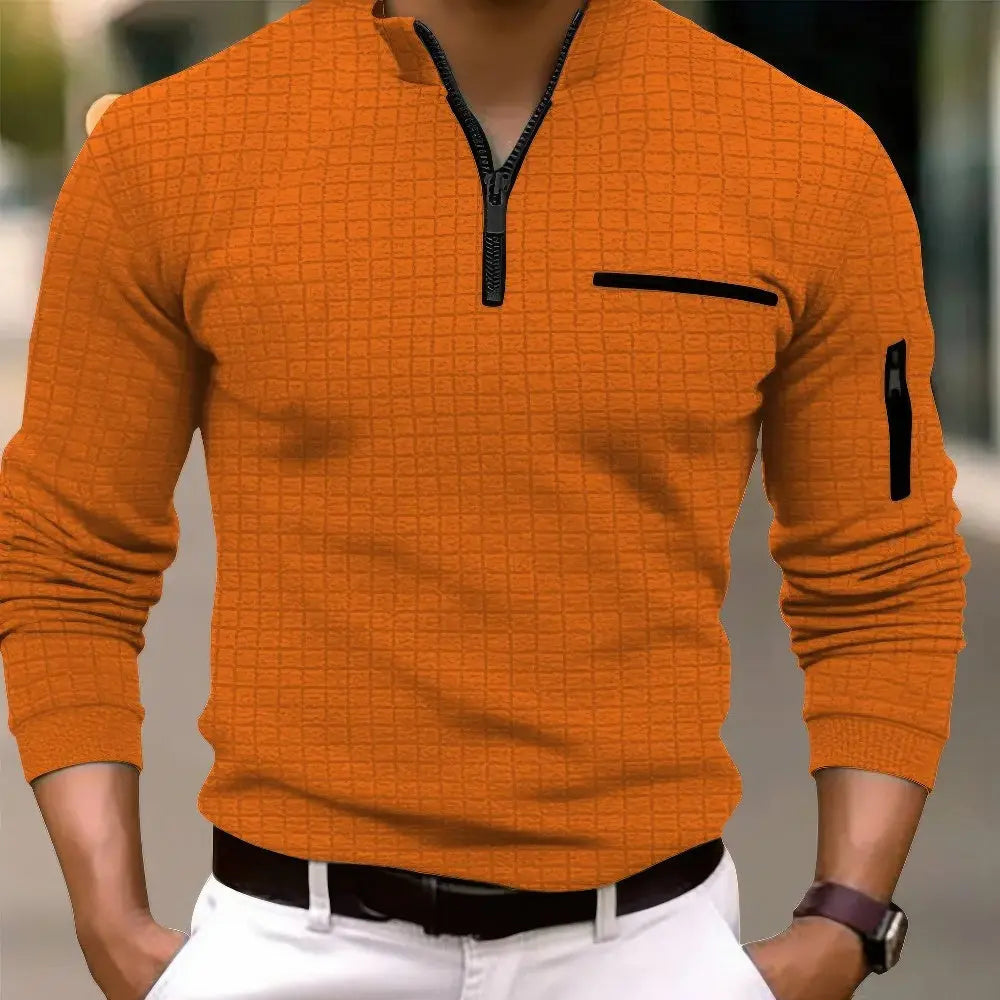 Men's Everyday Cotton Long Sleeve Polo Shirt Pocket Zipper