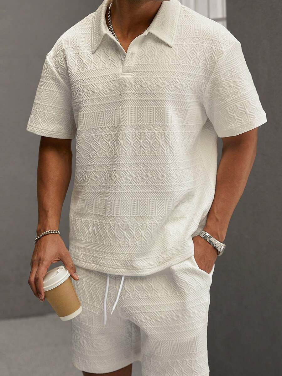 Men's Geometric Pattern Short Sleeve Polo Shirt and Shorts Everyday Outfit Set