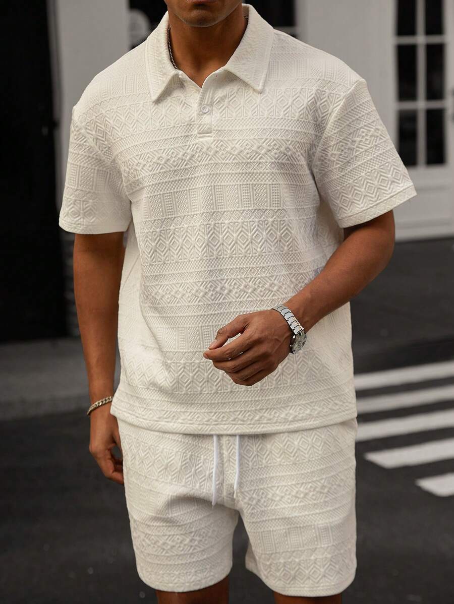 Men's Geometric Pattern Short Sleeve Polo Shirt and Shorts Everyday Outfit Set