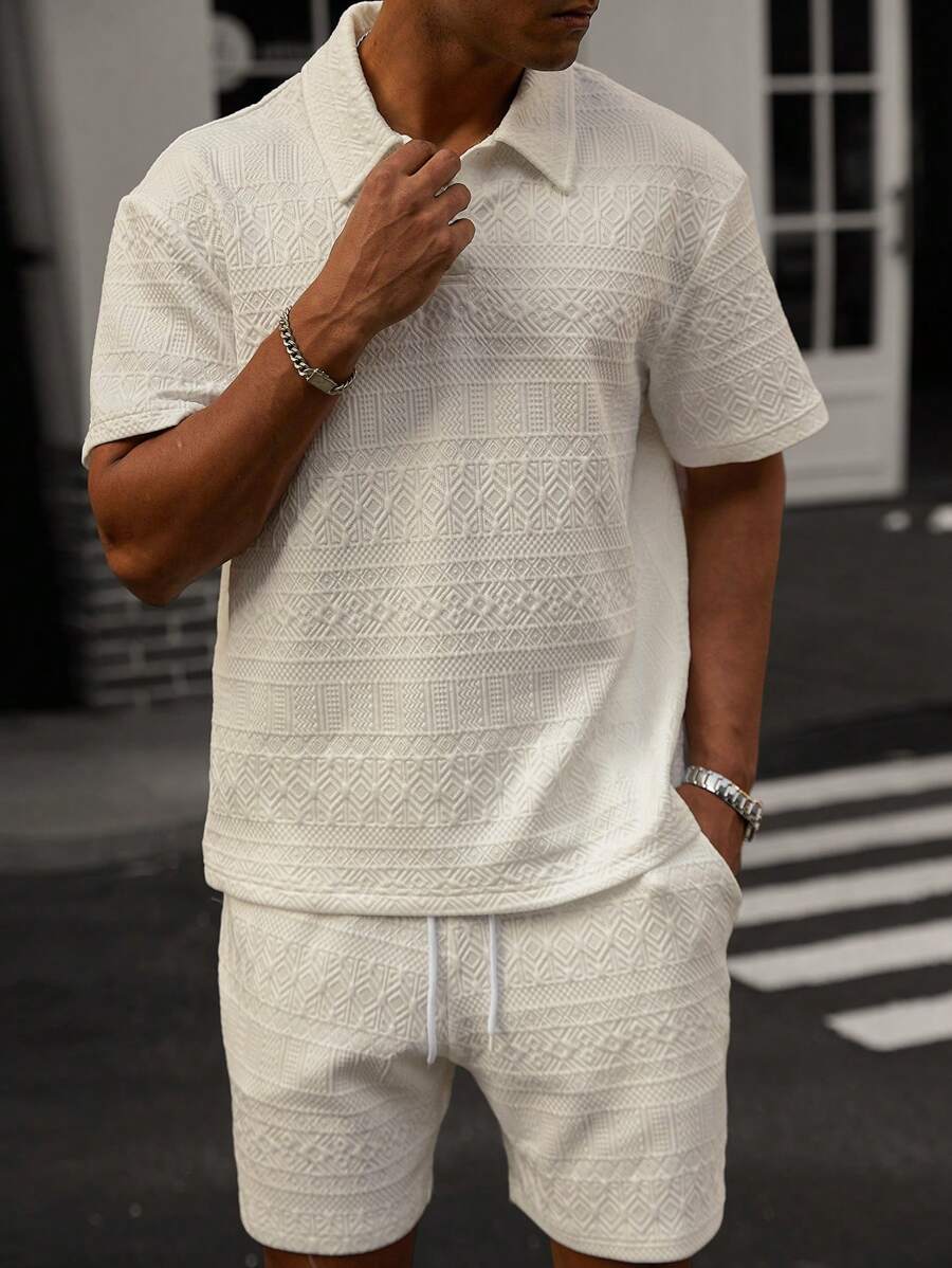Men's Geometric Pattern Short Sleeve Polo Shirt and Shorts Everyday Outfit Set