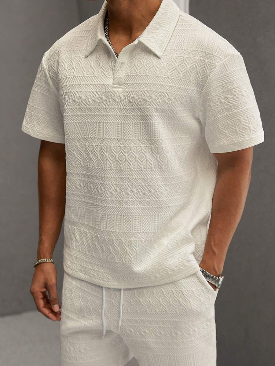 Men's Geometric Pattern Short Sleeve Polo Shirt and Shorts Everyday Outfit Set