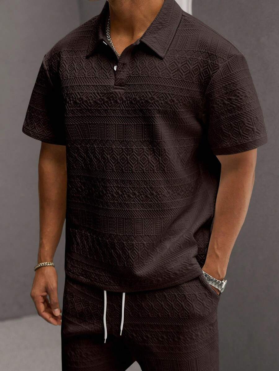 Men's Geometric Pattern Short Sleeve Polo Shirt and Shorts Everyday Outfit Set