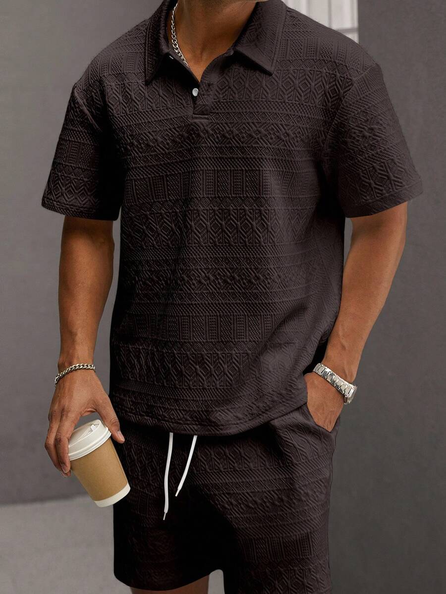 Men's Geometric Pattern Short Sleeve Polo Shirt and Shorts Everyday Outfit Set