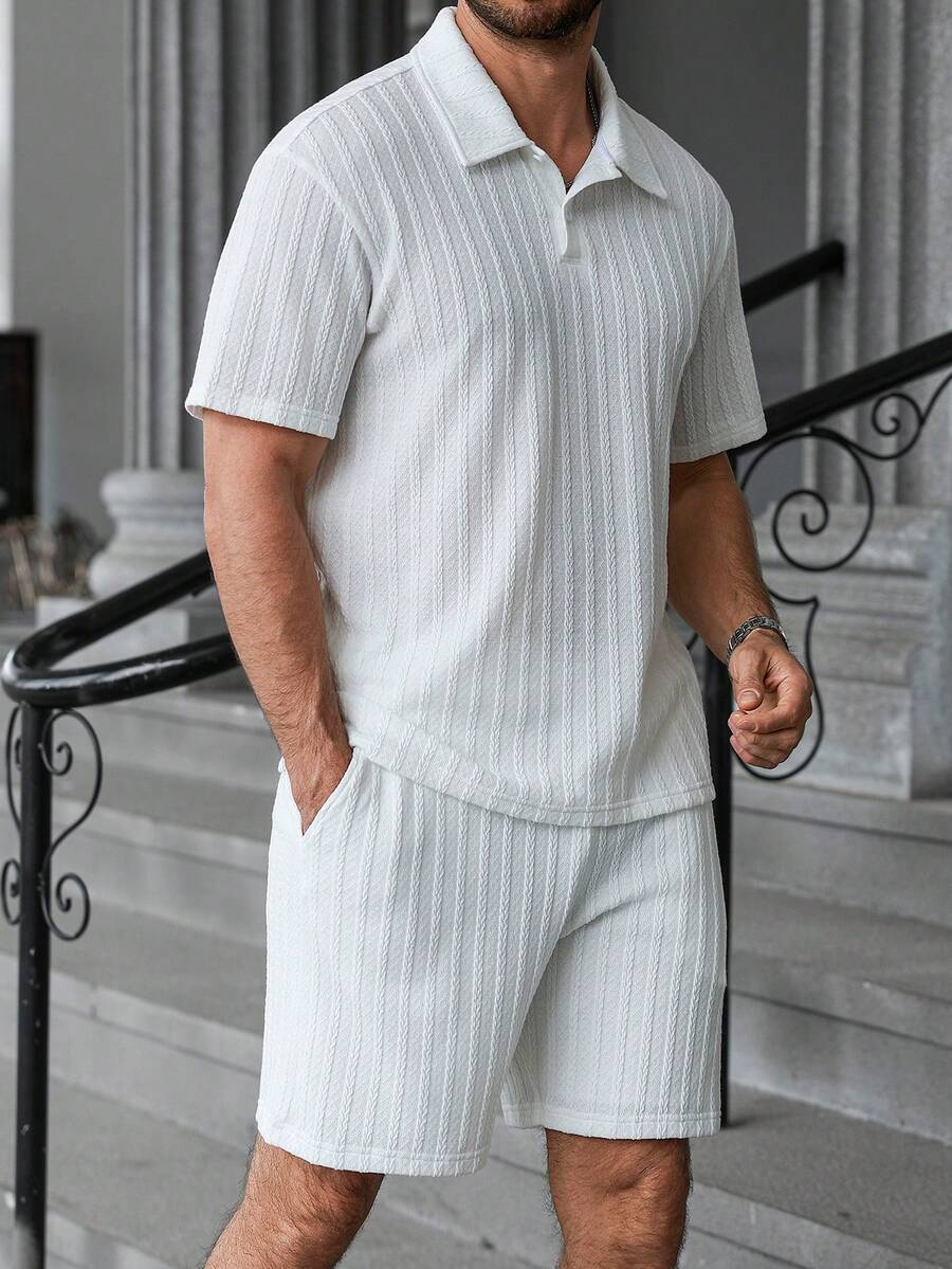 Men's Geometric Pattern Short Sleeve Polo Shirt and Shorts Everyday Outfit Set
