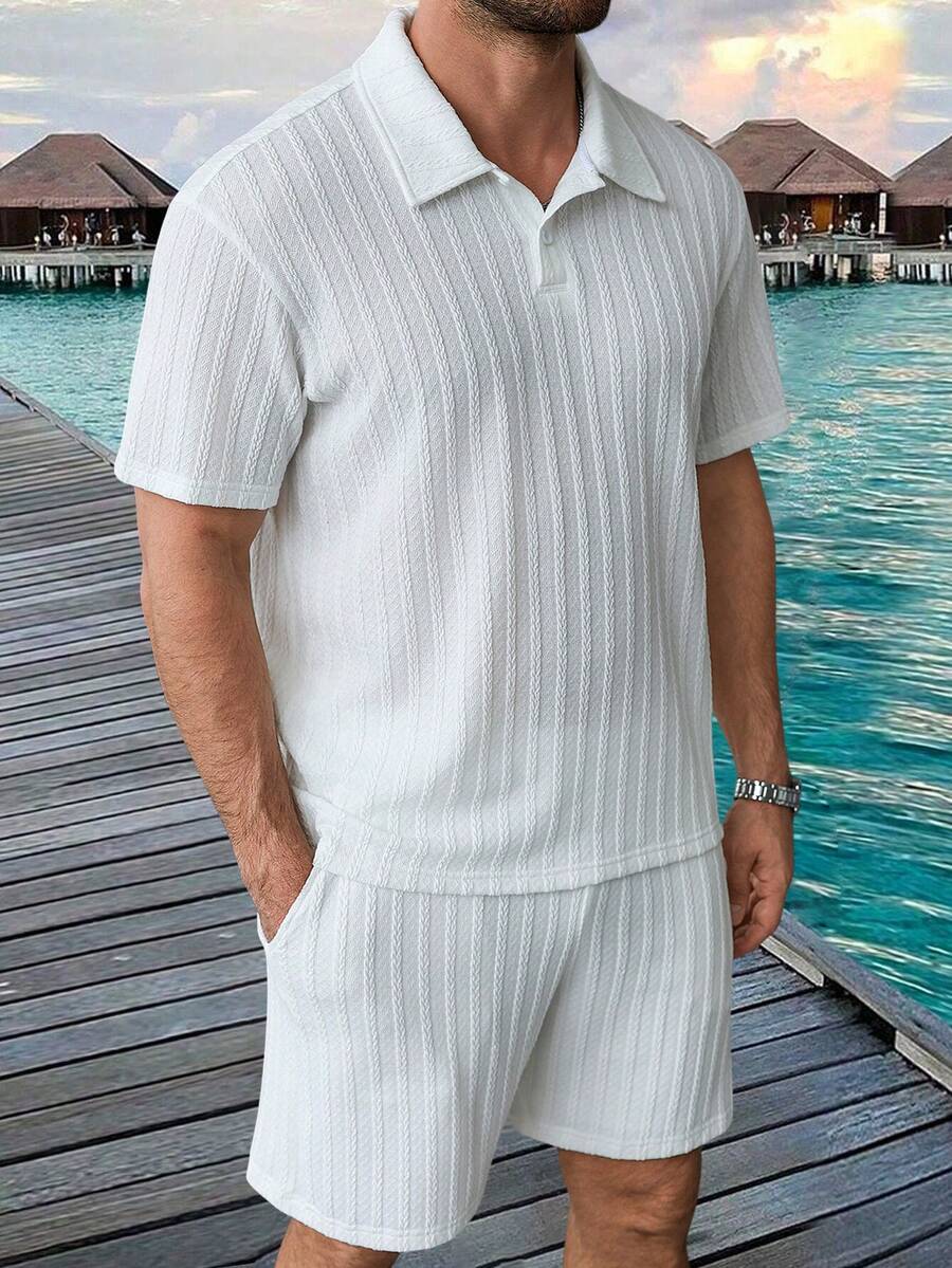 Men's Geometric Pattern Short Sleeve Polo Shirt and Shorts Everyday Outfit Set