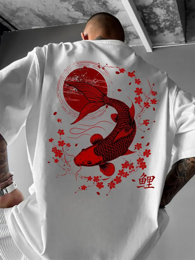 Men's Everyday Koi & Cherry Blossom T-Shirt - Loose Fit Summer Top with Glossy Finish