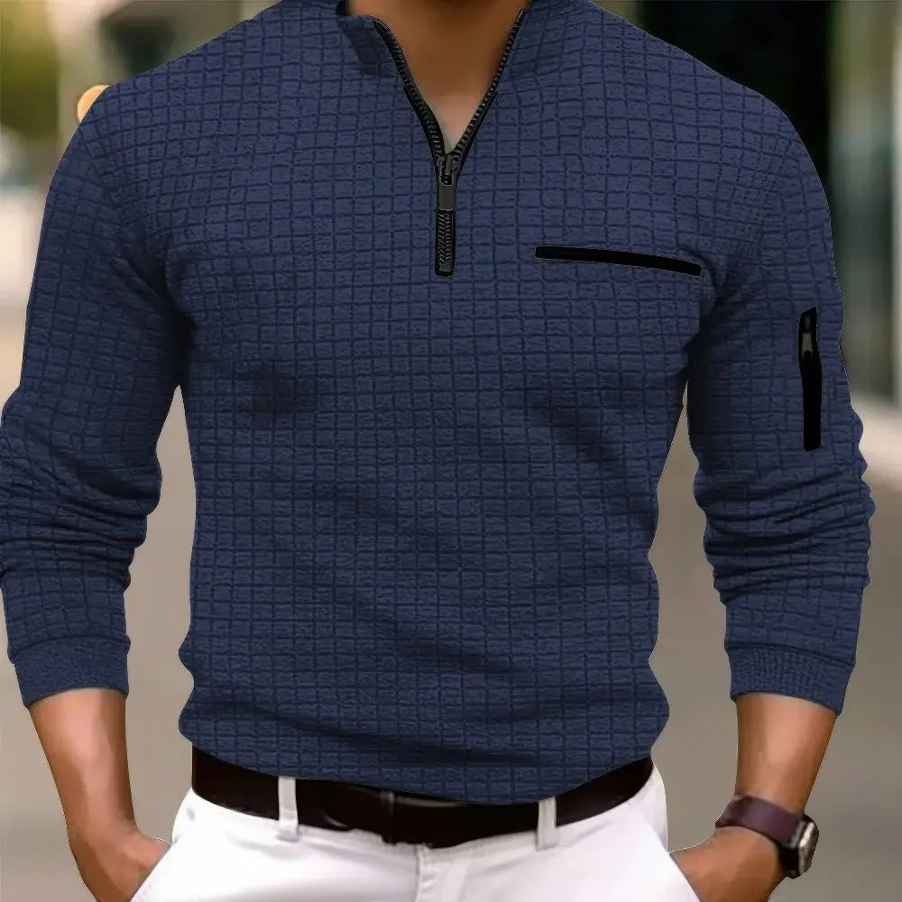 Men's Everyday Cotton Long Sleeve Polo Shirt Pocket Zipper