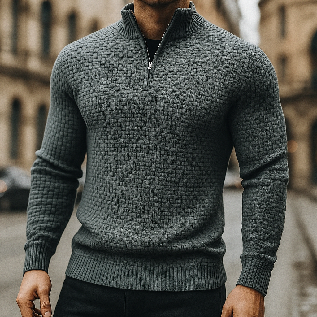 Merino Waffle Knit Quarter Zip Sweater