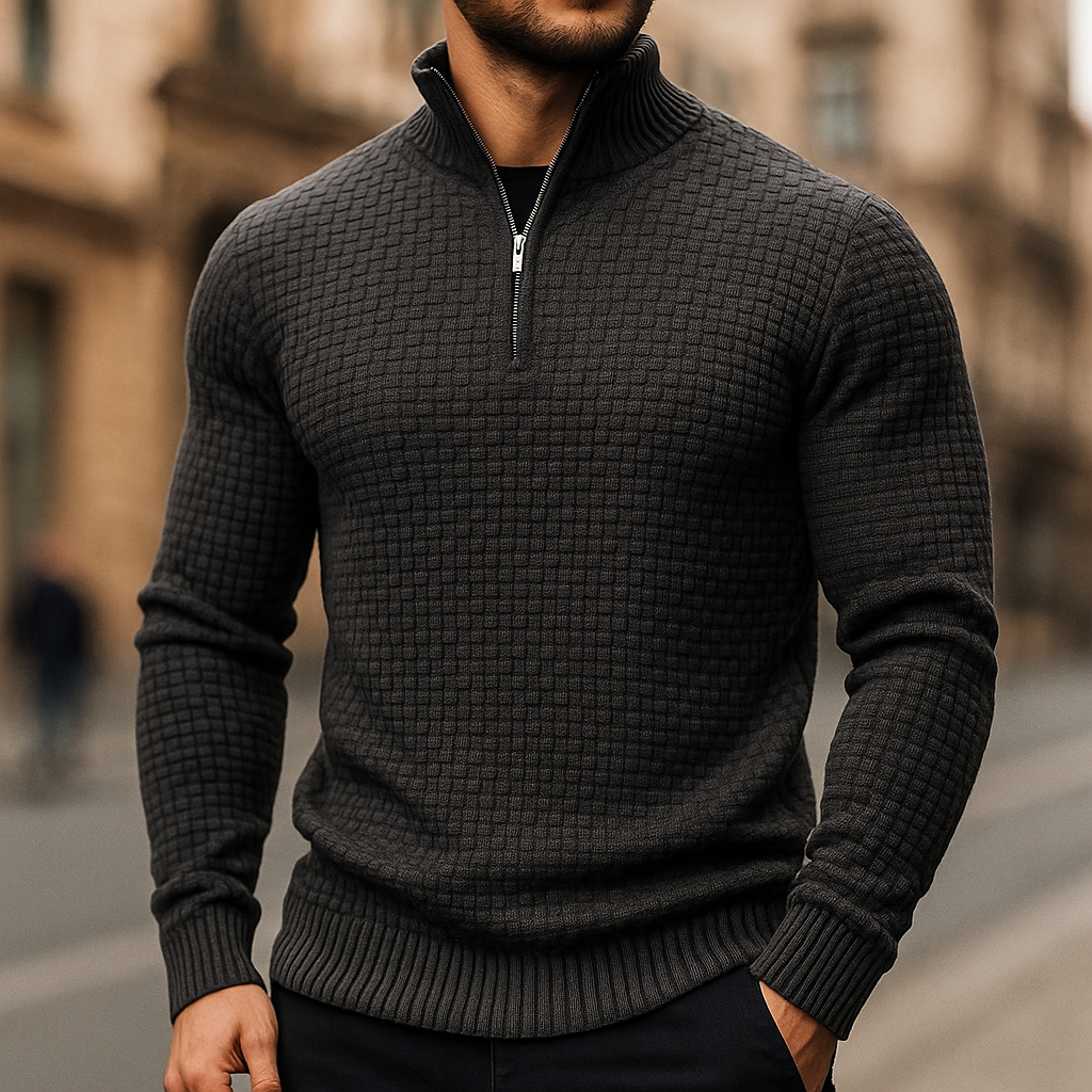 Merino Waffle Knit Quarter Zip Sweater