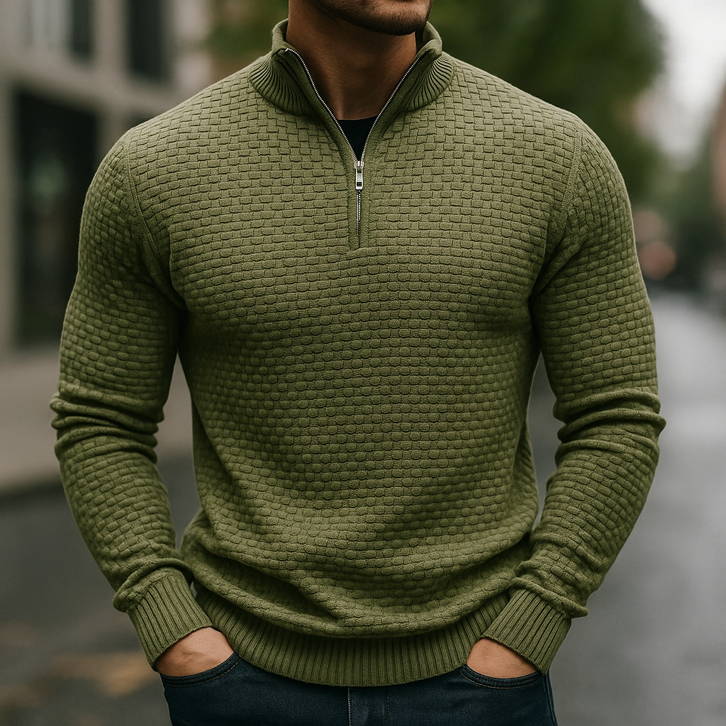 Merino Waffle Knit Quarter Zip Sweater