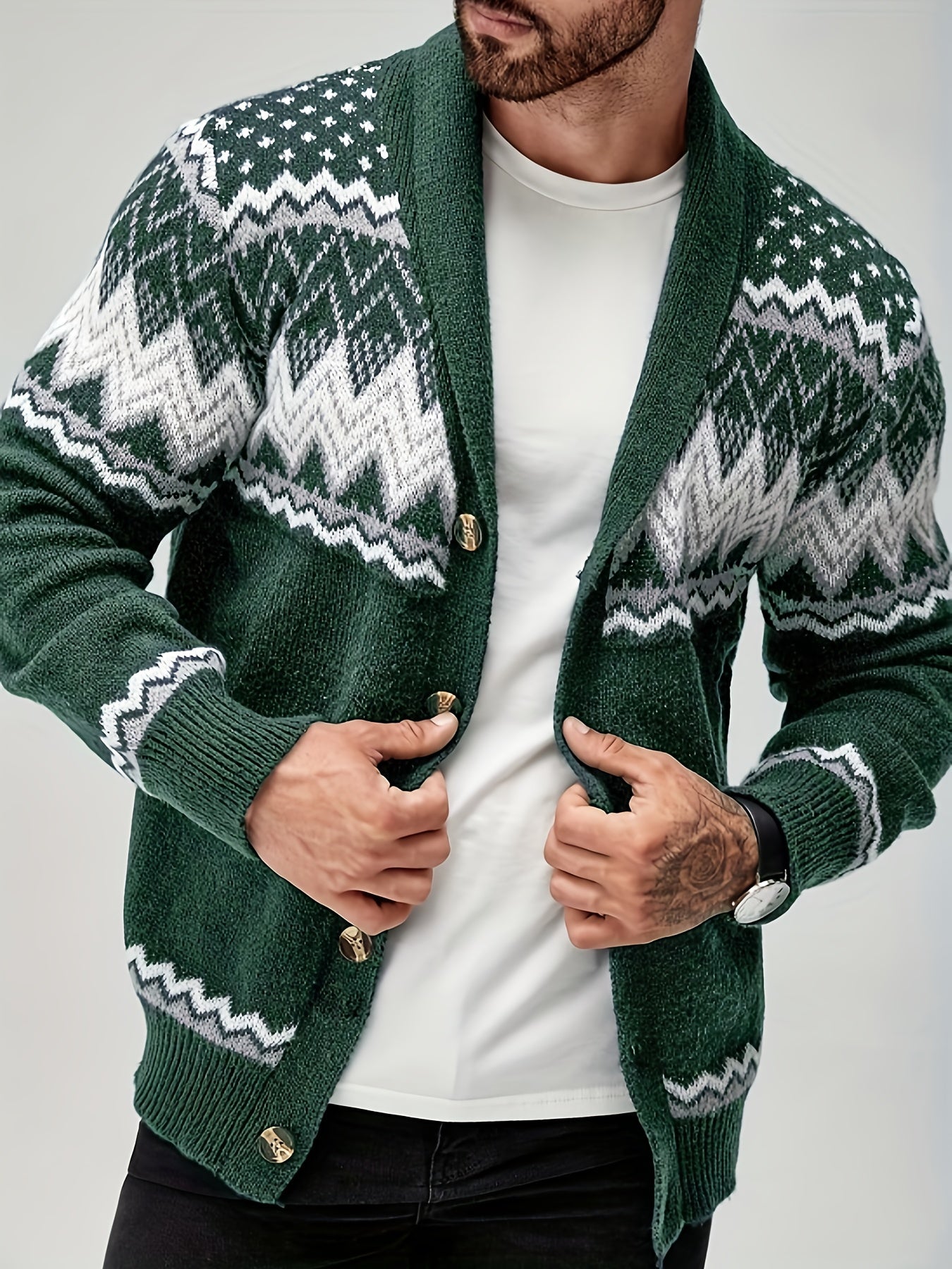 Men's Geometric Pattern Cardigan - Button-Up Knit Sweater for Fall & Edition