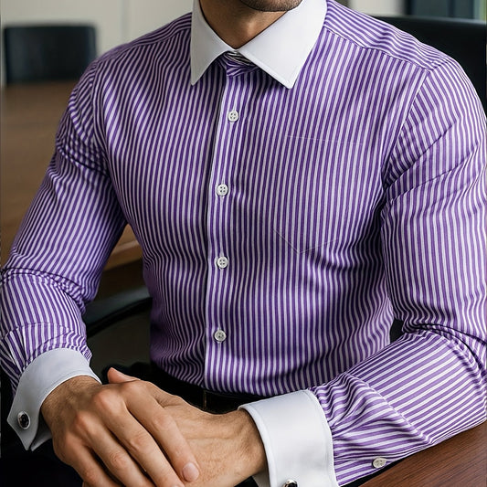 Men's French Cuff Dress Striped Shirt Blouse | Double Cuff Elevated Business Shirt