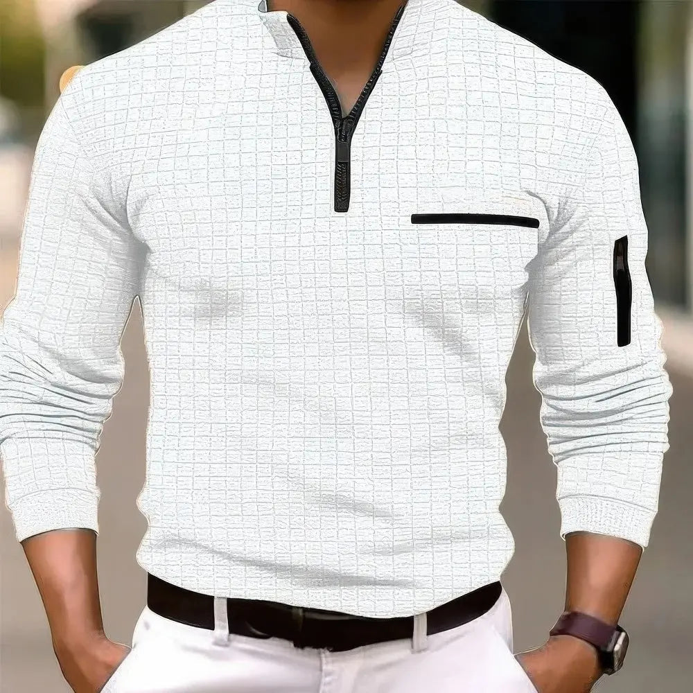 Men's Everyday Cotton Long Sleeve Polo Shirt Pocket Zipper
