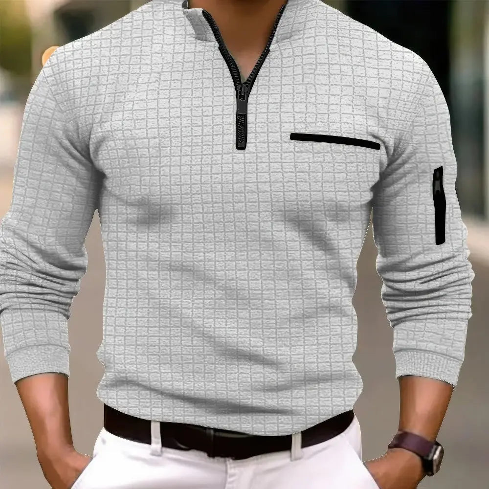 Men's Everyday Cotton Long Sleeve Polo Shirt Pocket Zipper