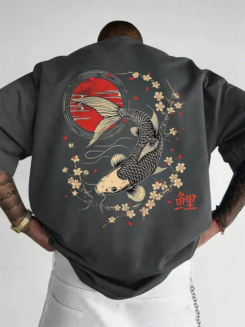 Men's Everyday Koi & Cherry Blossom T-Shirt - Loose Fit Summer Top with Glossy Finish