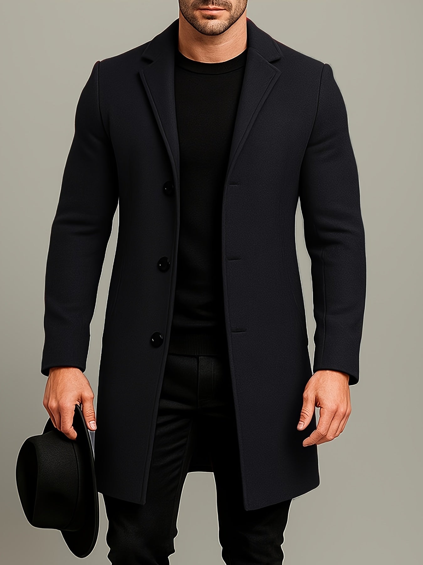 Men's Mid-Length Single-Breasted Tweed Overcoat Solid Color Trench Edition