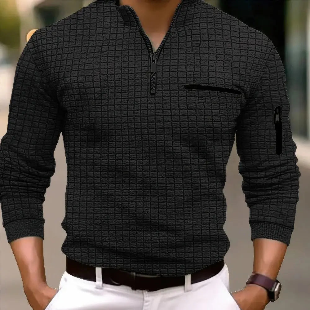Men's Everyday Cotton Long Sleeve Polo Shirt Pocket Zipper