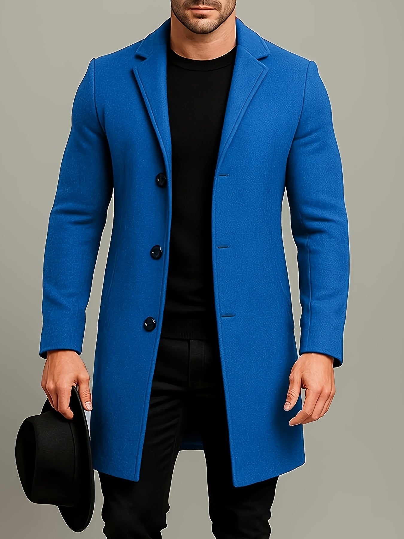 Men's Mid-Length Single-Breasted Tweed Overcoat Solid Color Trench Edition