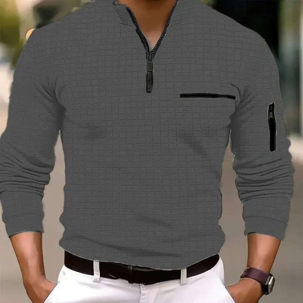 Men's Everyday Cotton Long Sleeve Polo Shirt Pocket Zipper