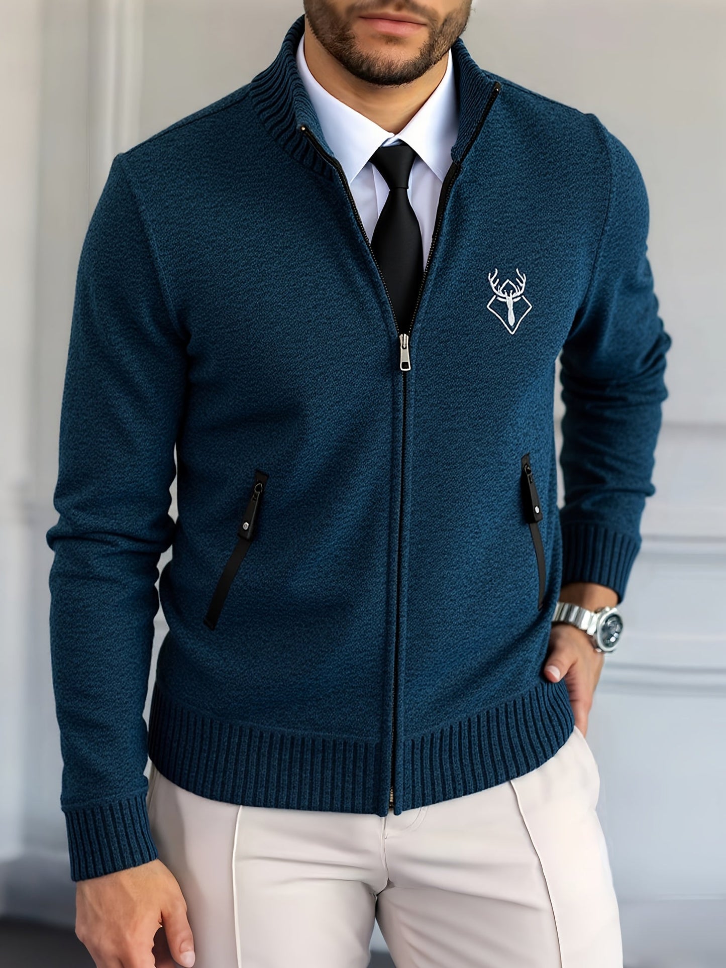 Men Lightweight Zip-Up Cardigan - Stand Collar Sweater Edition