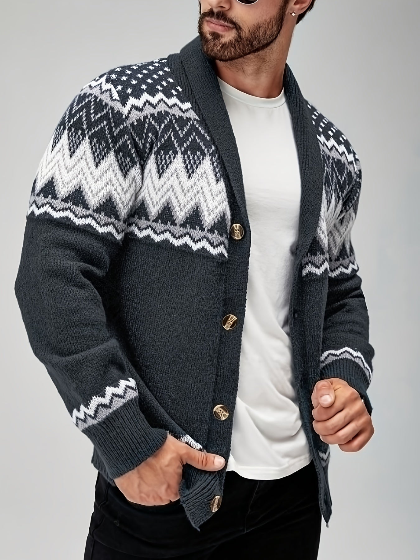Men's Geometric Pattern Cardigan - Button-Up Knit Sweater for Fall & Edition