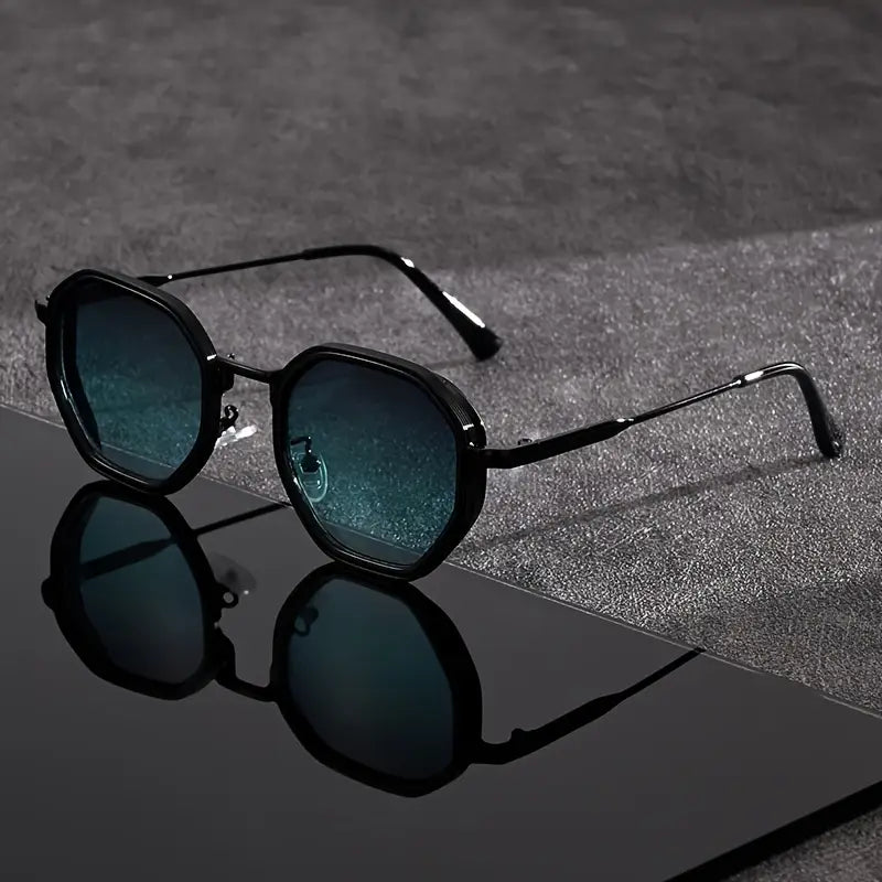 Solorfit | Unisex Polygonal Fashion Glasses - Black Frame with Teal-Tinted Lenses, Lightweight and Durable Edition