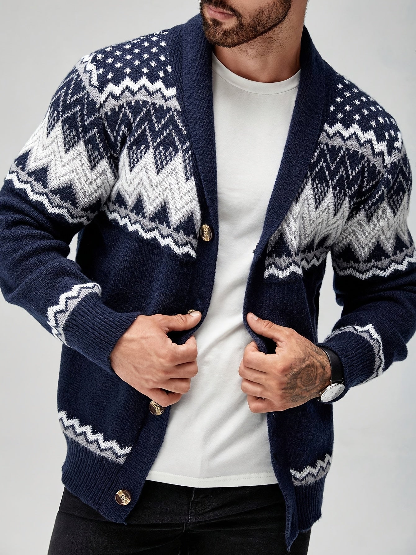 Men's Geometric Pattern Cardigan - Button-Up Knit Sweater for Fall & Edition