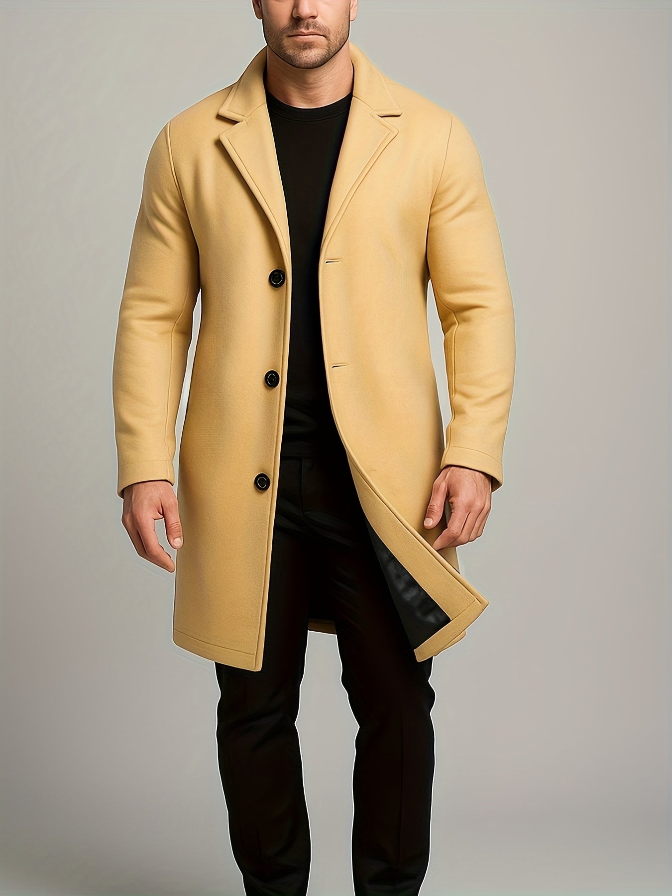Men's Mid-Length Single-Breasted Tweed Overcoat Solid Color Trench Edition