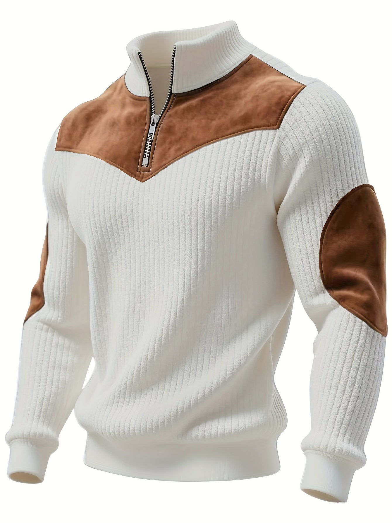 Half-Zip Retro Pullover Sweater for Men - Ribbed Patchwork Edition