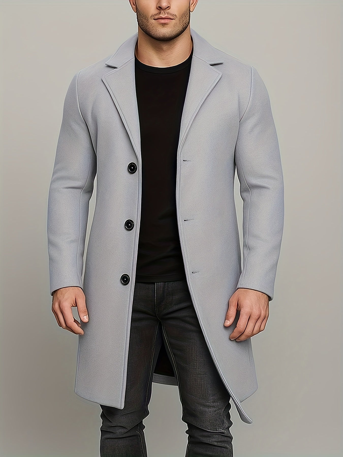 Men's Mid-Length Single-Breasted Tweed Overcoat Solid Color Trench Edition
