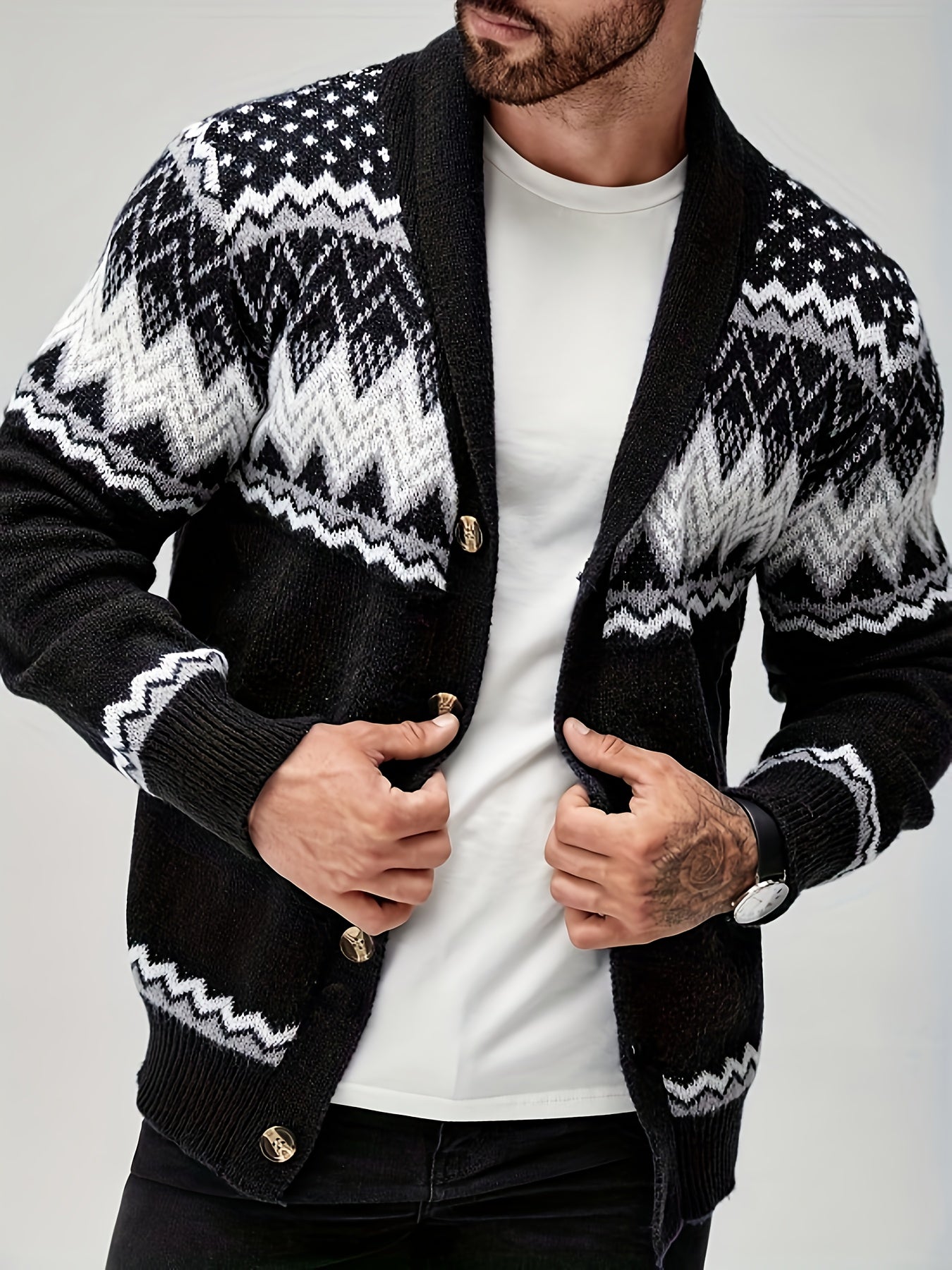 Men's Geometric Pattern Cardigan - Button-Up Knit Sweater for Fall & Edition