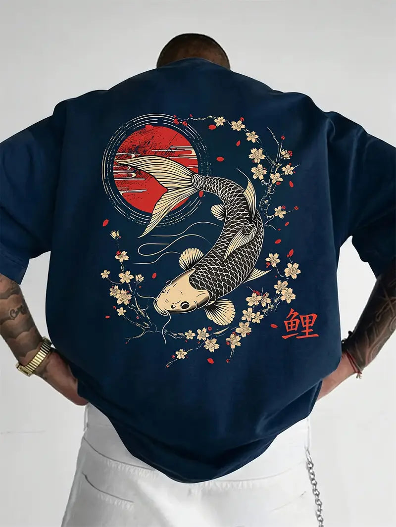 Men's Everyday Koi & Cherry Blossom T-Shirt - Loose Fit Summer Top with Glossy Finish