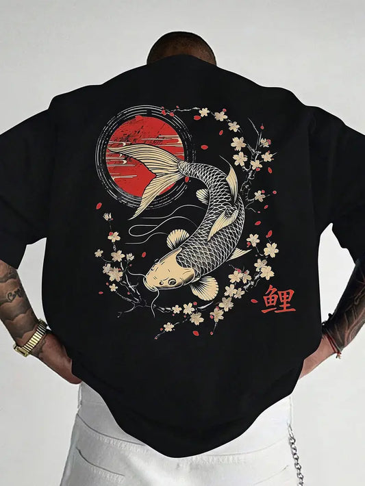 Men's Everyday Koi & Cherry Blossom T-Shirt - Loose Fit Summer Top with Glossy Finish