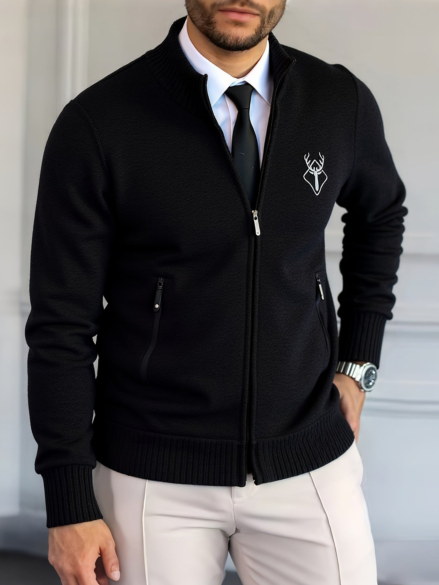 Men Lightweight Zip-Up Cardigan - Stand Collar Sweater Edition