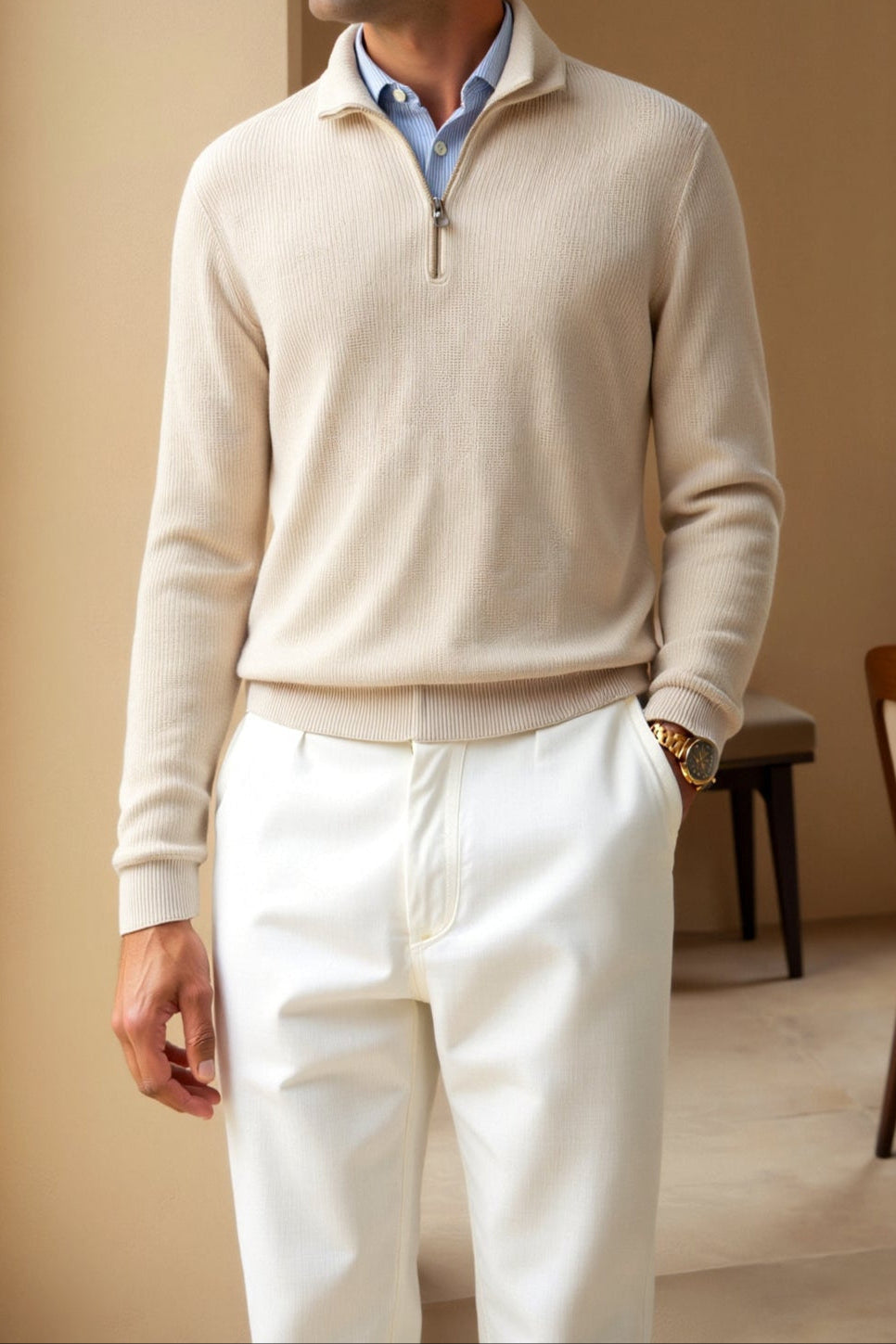 Old Money Heritage Men Knitted Wool Zip Sweater