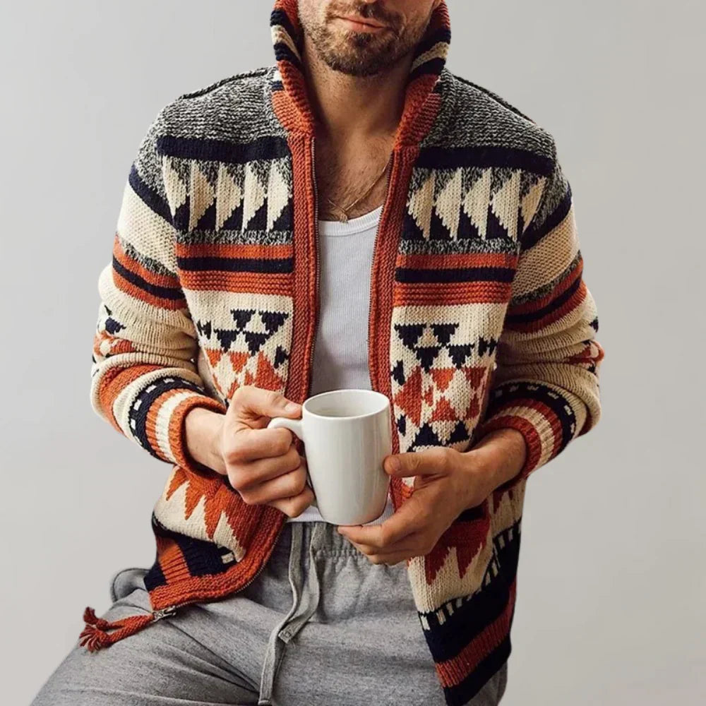 Red Jacquard Zip Cardigan - Statement Knitted Edition for Men