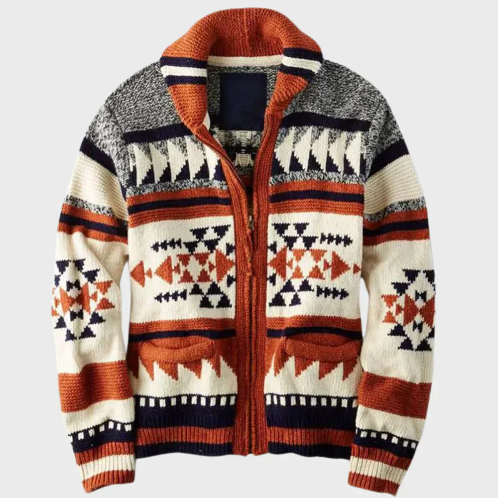 Red Jacquard Zip Cardigan - Statement Knitted Edition for Men