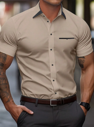 Solorfit | Men's Basic Short-Sleeve Shirt - Solid Color with Turn-Down Collar and Button-Up Edition