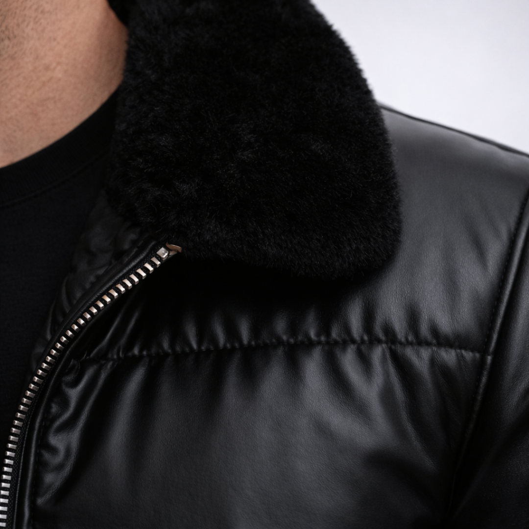 Christian Glossy Black Puffer Jacket Fur Collar | Men's Insulated Winter Edition