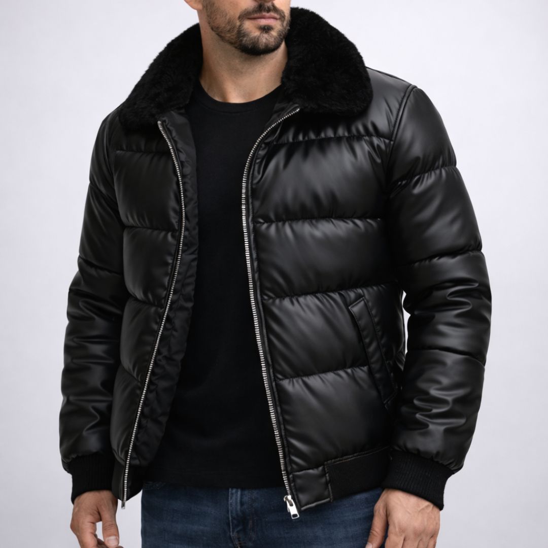 Christian Glossy Black Puffer Jacket Fur Collar | Men's Insulated Winter Edition