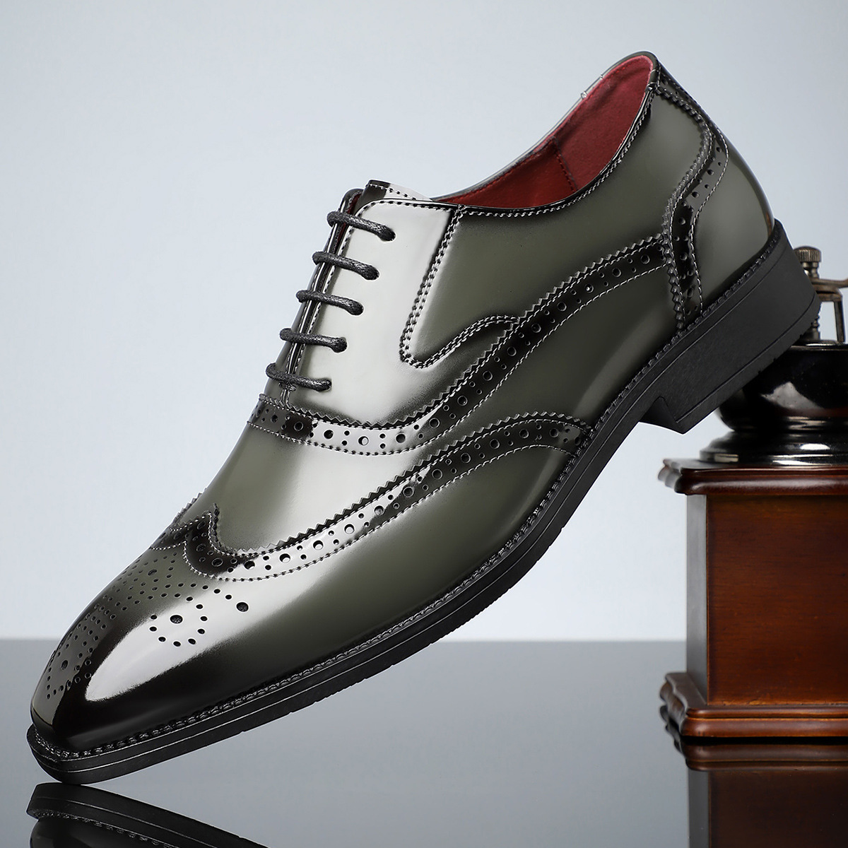 Men's Dress Shoes - High-Shine Patent Genuine, Classic Wingtip Brogue
