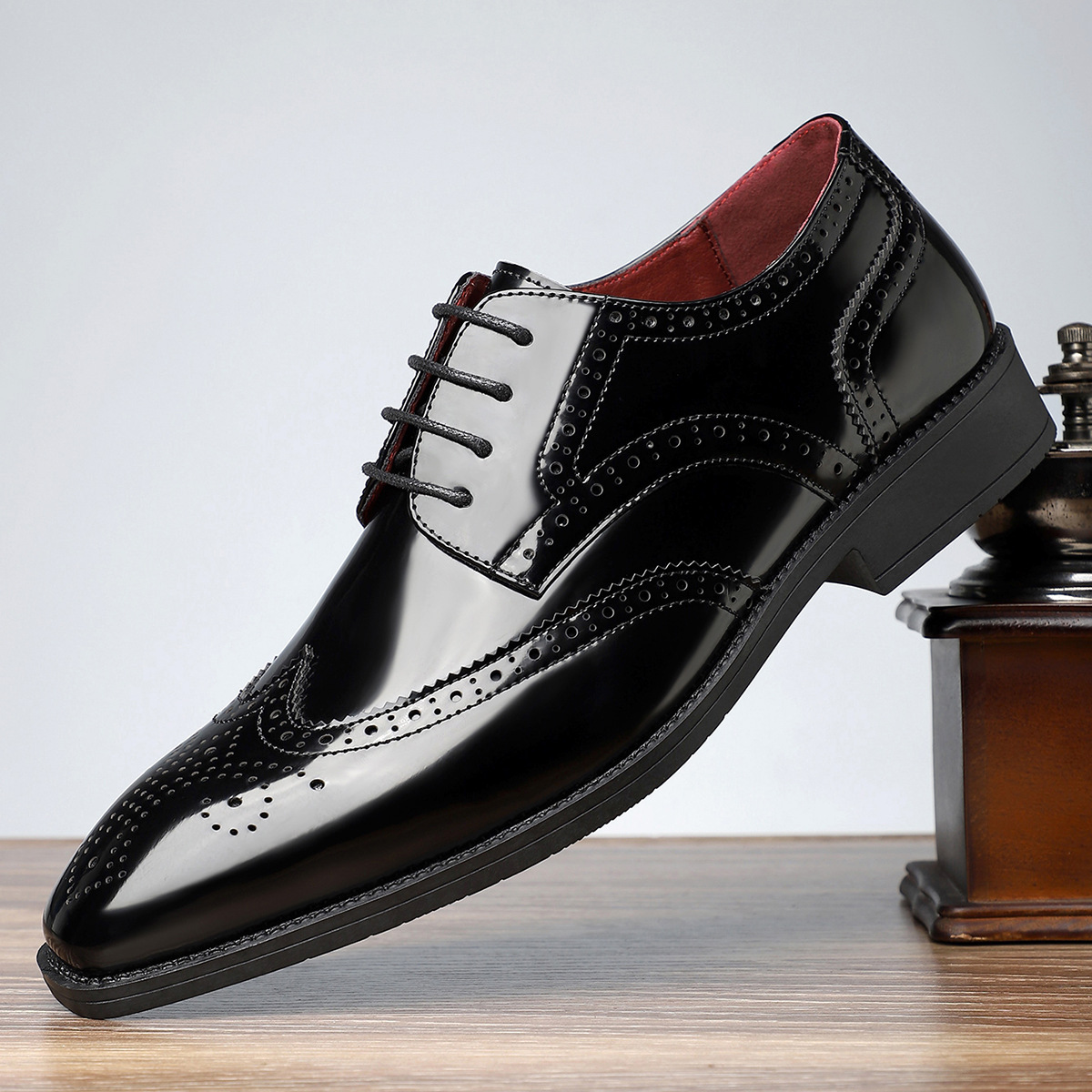 Men's Dress Shoes - High-Shine Patent Genuine, Classic Wingtip Brogue