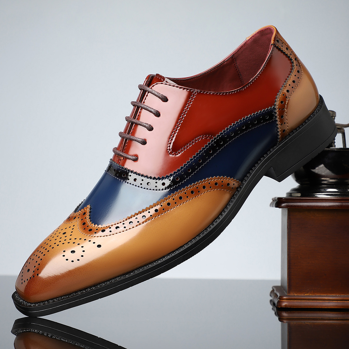 Men's Dress Shoes - High-Shine Patent Genuine, Classic Wingtip Brogue