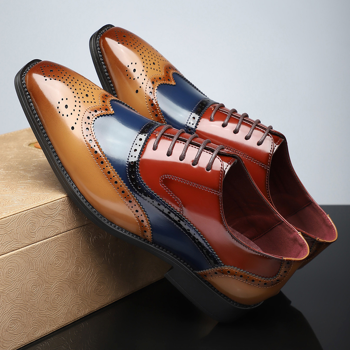 Men's Dress Shoes - High-Shine Patent Genuine, Classic Wingtip Brogue