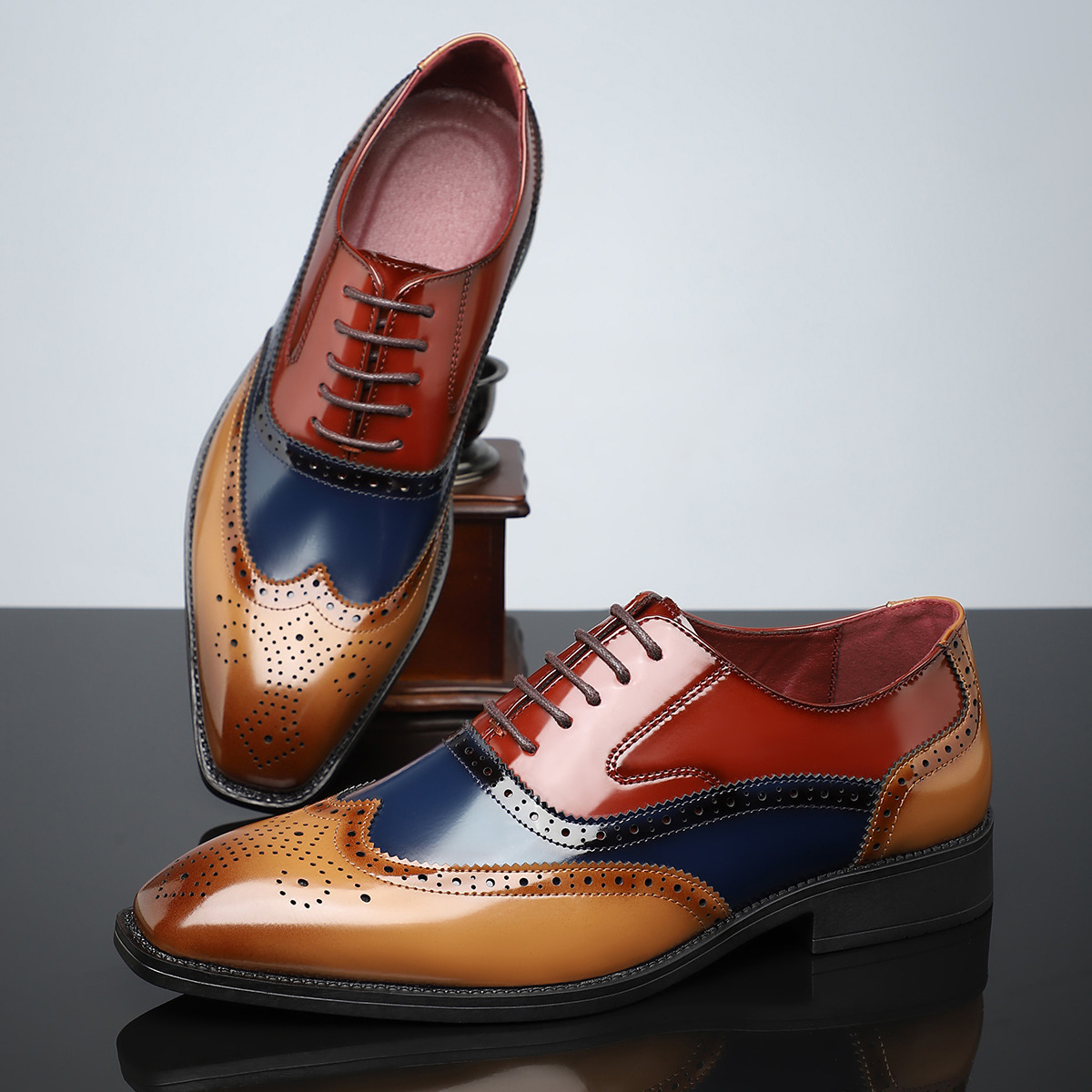 Men's Dress Shoes - High-Shine Patent Genuine, Classic Wingtip Brogue