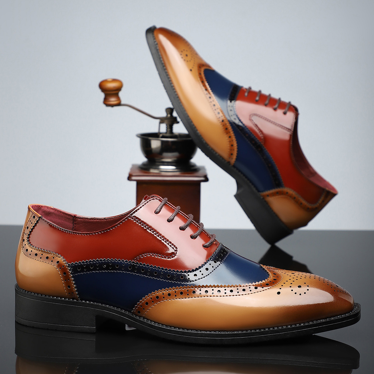 Men's Dress Shoes - High-Shine Patent Genuine, Classic Wingtip Brogue