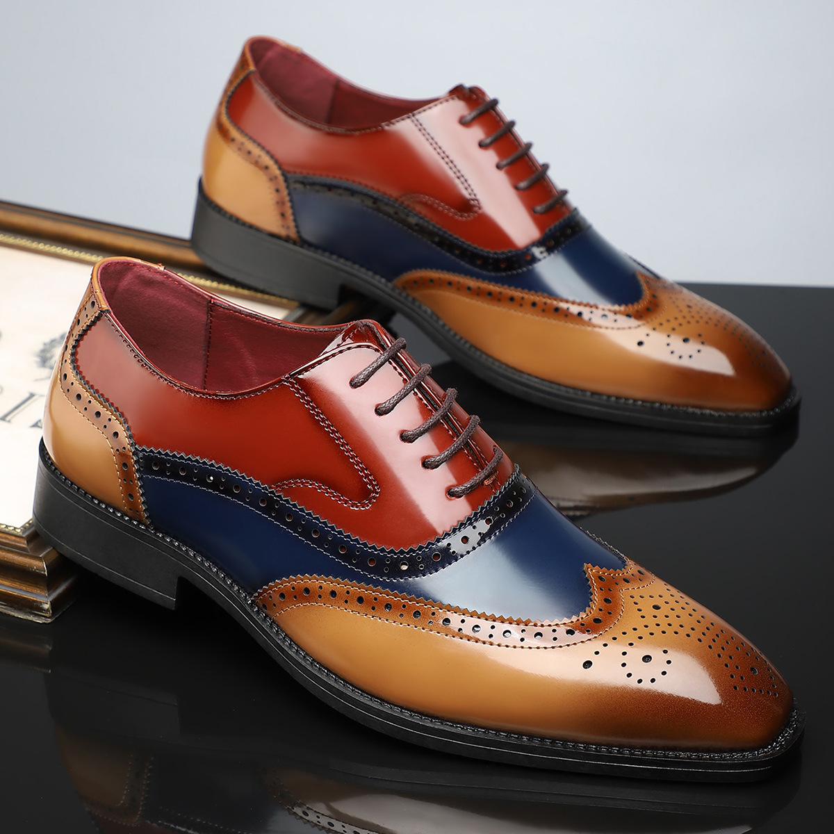 Men's Dress Shoes - High-Shine Patent Genuine, Classic Wingtip Brogue